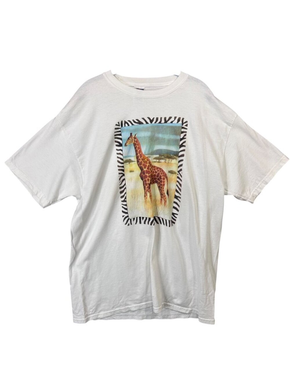 Jerzees XL White Shirt With Giraffe Print & Zebra Border Graphic GUC